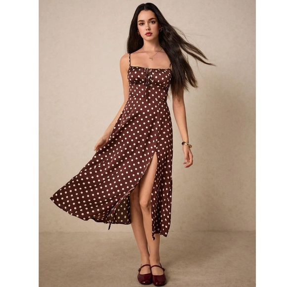 French Style Polka Dot Brown Midi Dress Leg Slit - Picture 2 of 16